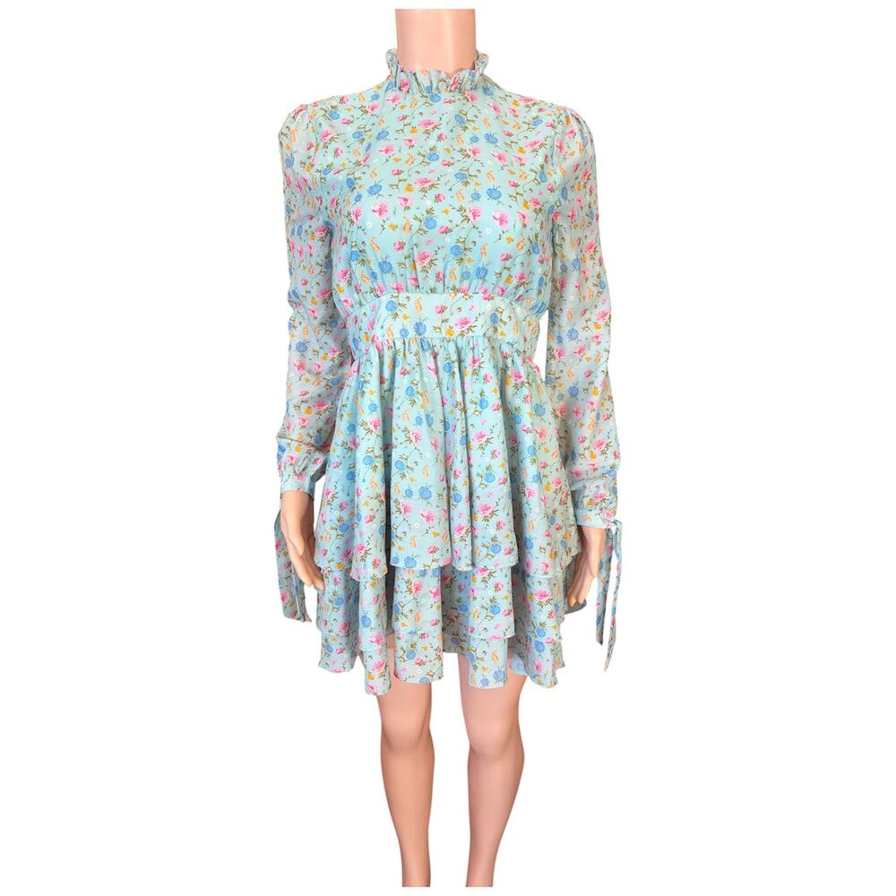 Kiel James Patrick Blue Silk Blend Bunny Floral High Ruffle Neck Dress Sz 2 XS